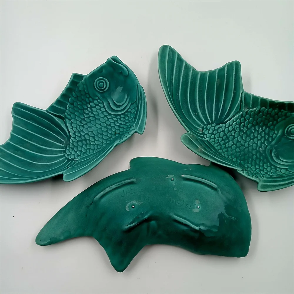 Vintage MCM Sea Green Fish-Shaped PotteryPlates